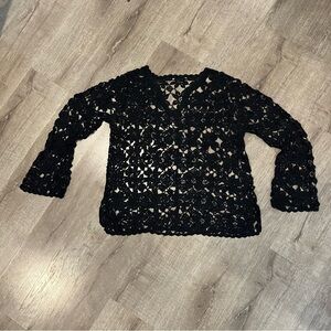 Black Crochet Knit Sweater Long Sleeve Open Weave VNeck Pullover Top Sz Xl